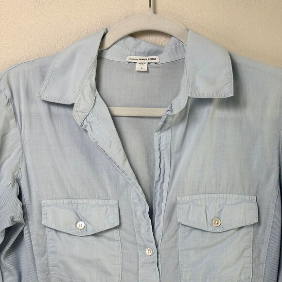 James Perse Top Womens L 3 Blue Button Up Shirt Utility 3/4 Roll Tab Sleeve - Picture 2 of 10